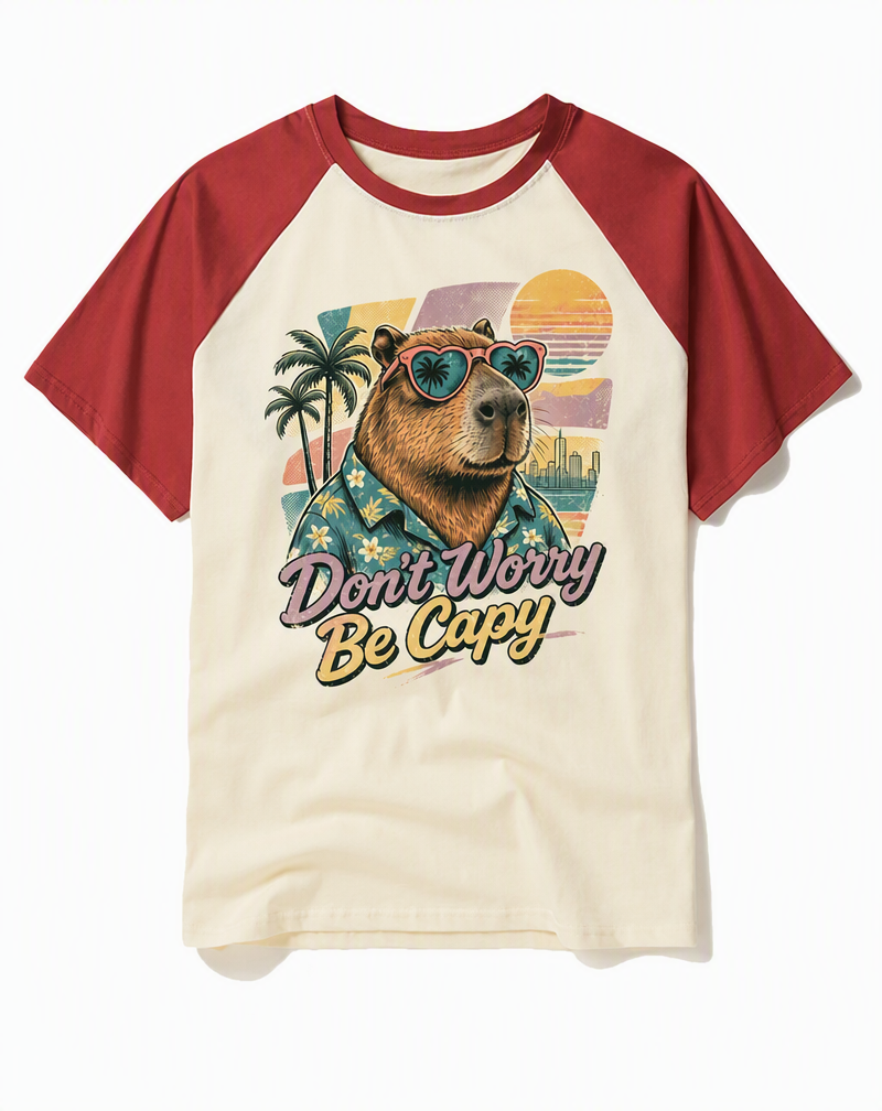 "Don't Worry Be Capy" Vaporwave Capybara Raglan Tee