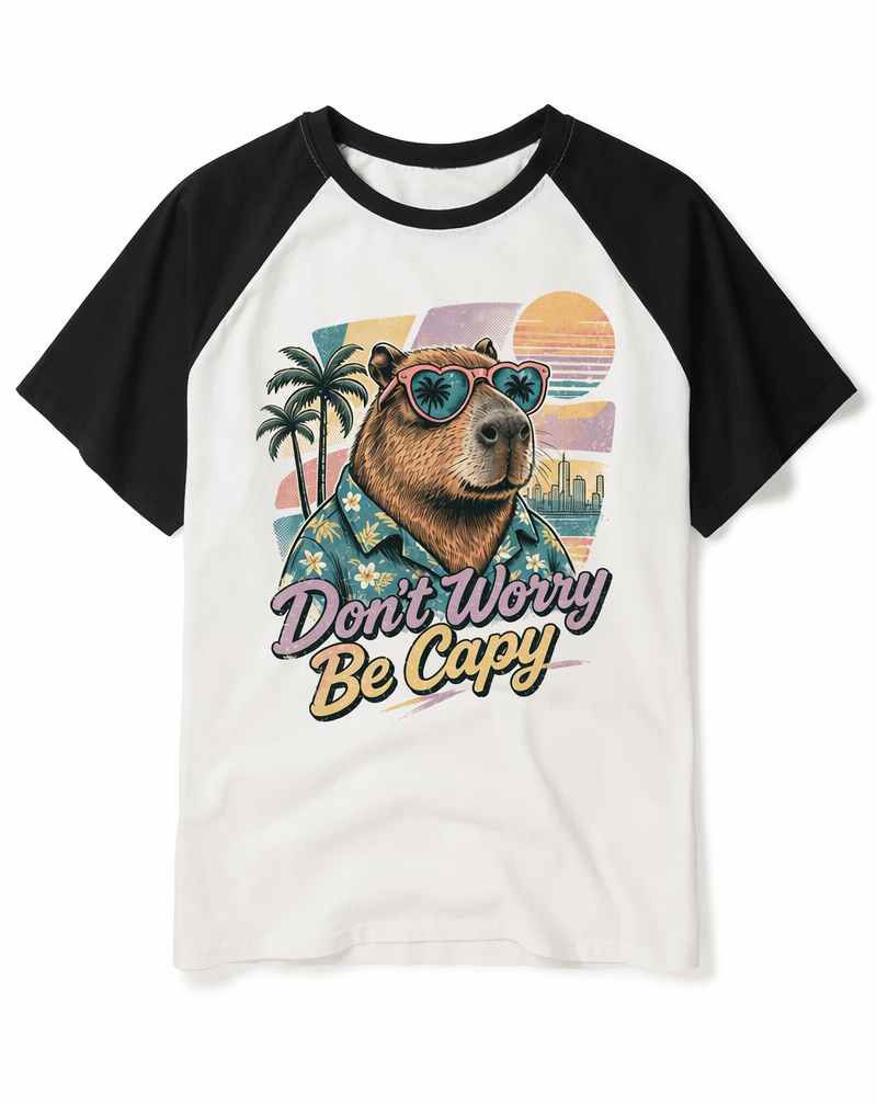 "Don't Worry Be Capy" Vaporwave Capybara Raglan Tee