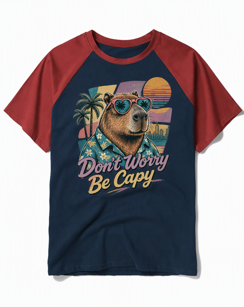 "Don't Worry Be Capy" Vaporwave Capybara Raglan Tee