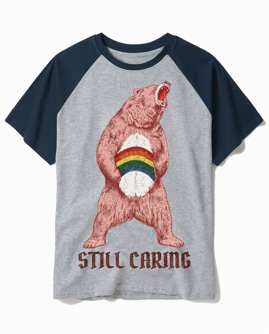 Retro "Still Caring" Distressed Bear Rainbow Raglan Tee