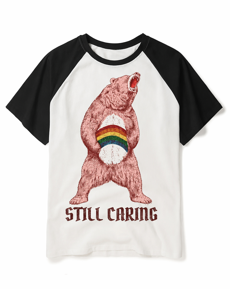 Retro "Still Caring" Distressed Bear Rainbow Raglan Tee