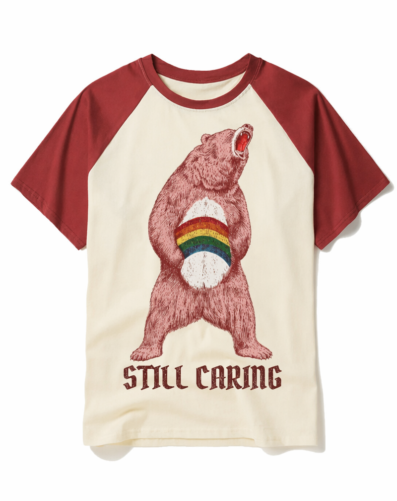 Retro "Still Caring" Distressed Bear Rainbow Raglan Tee