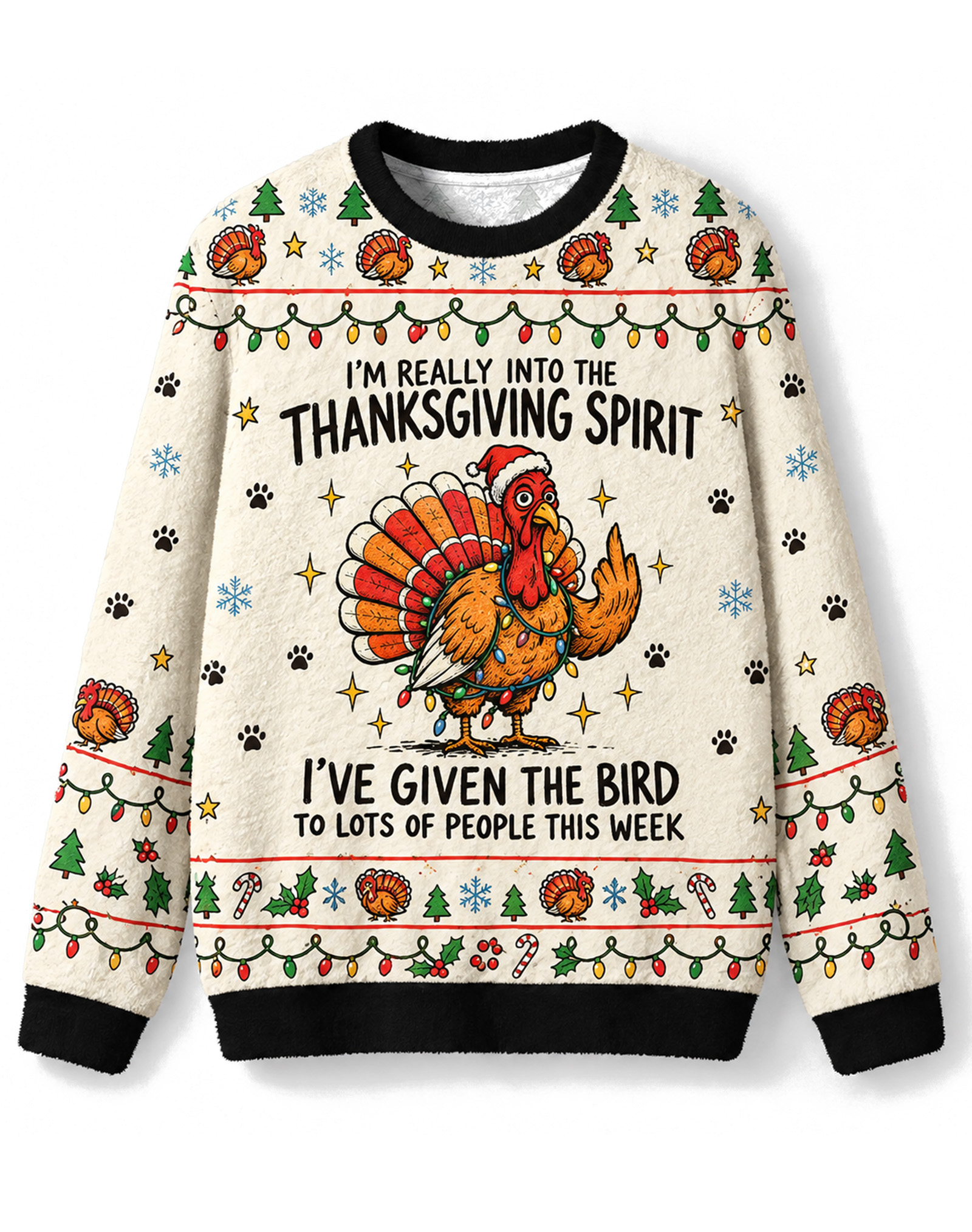 Thanksgiving Christmas Mashup Sweater, Retro Funny Turkey Middle Finger All Over Print Ugly Sweater