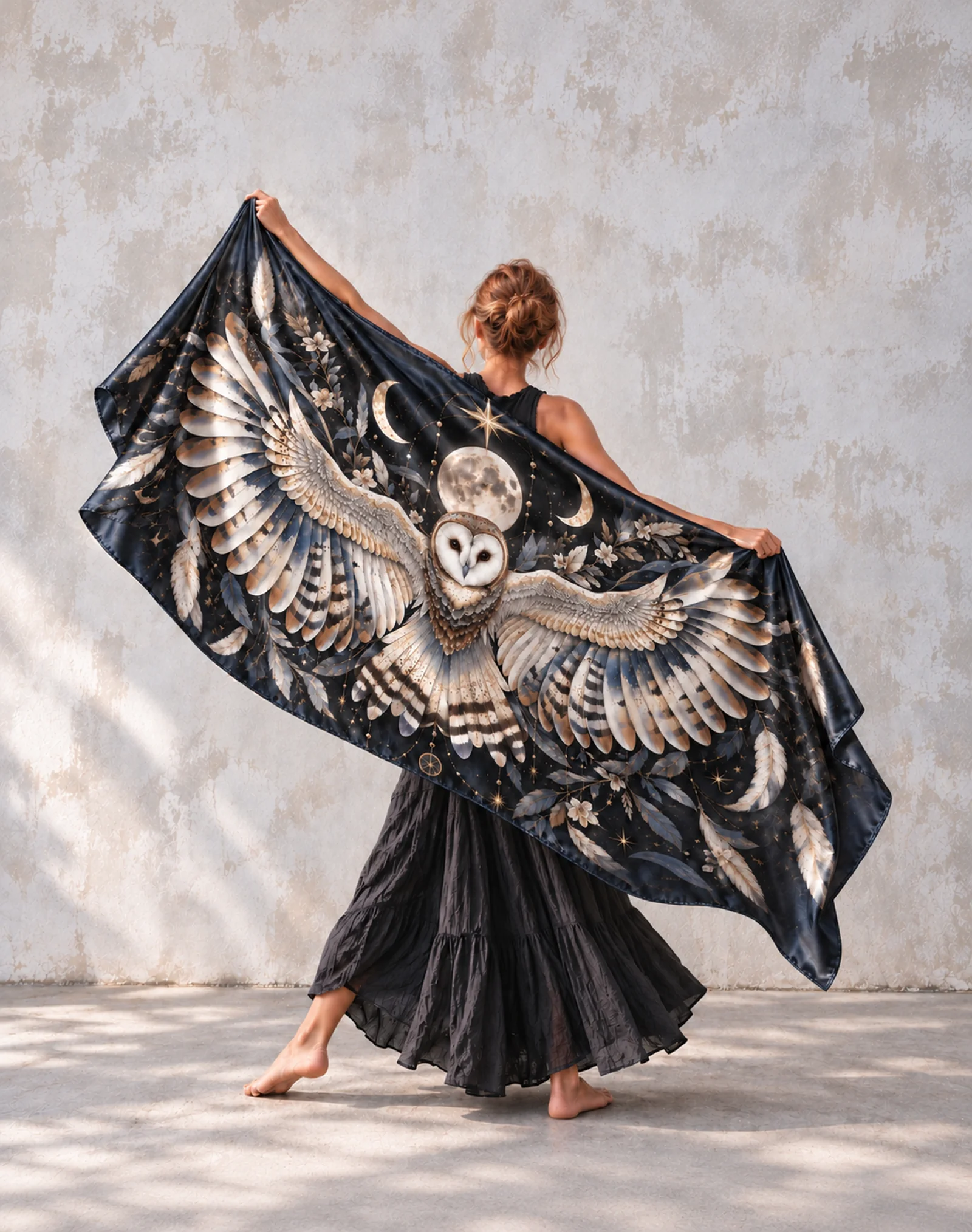 Celestial Owl Moon Star Satin Poncho Shawl