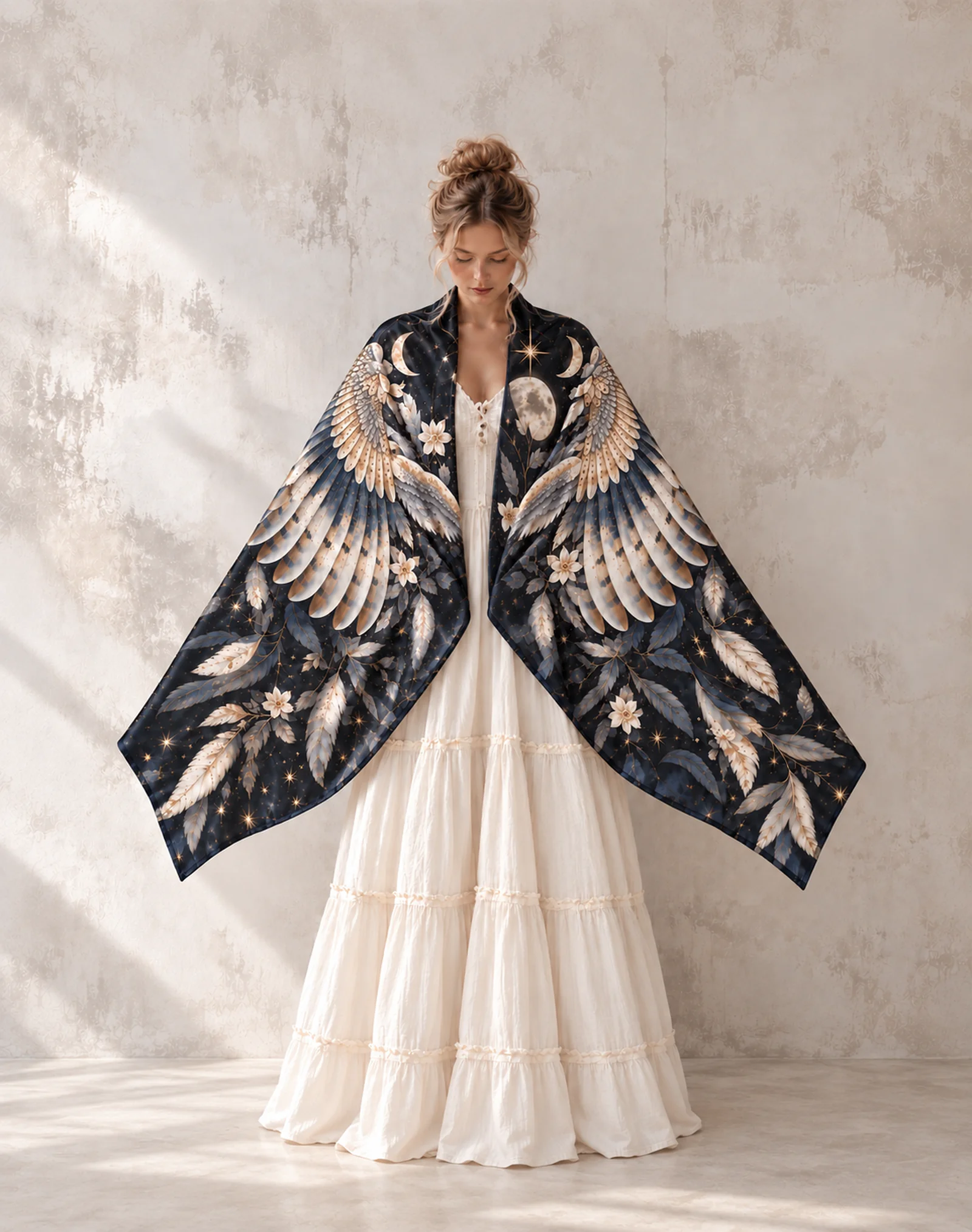 Celestial Owl Moon Star Satin Poncho Shawl