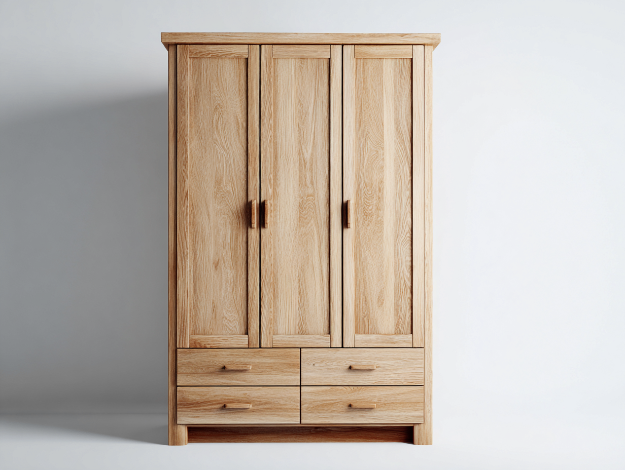 Kleiderschrank Holz 90x55x190 cm - Naturfarben - 3 Türen - 4 Schubladen - klassisches Design-Zaluxtadecor