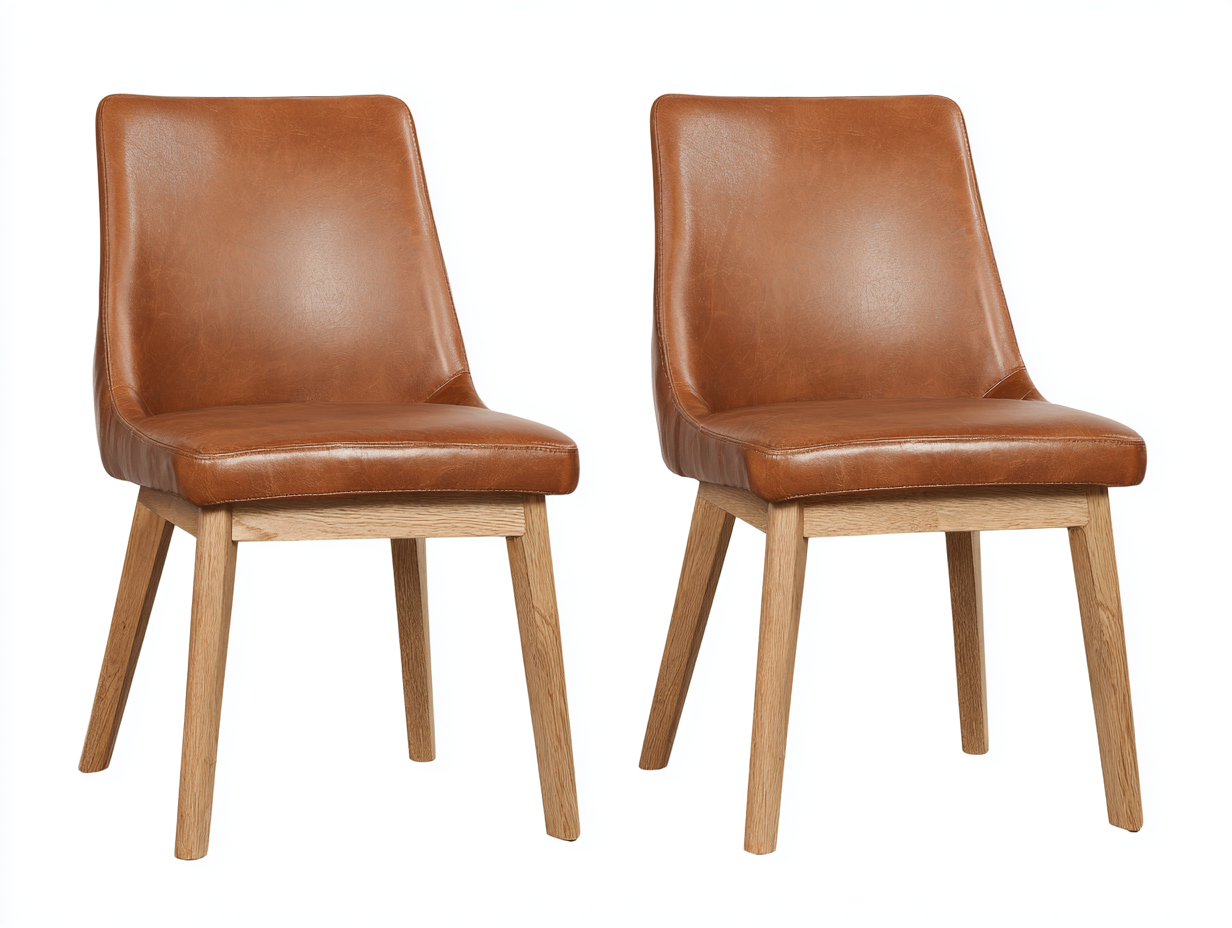 Sillas de comedor tapizadas de piel sintética con patas de madera 52x60x86 cm - marrón coñac-roble claro - para comedor - estilo moderno-Macorzidecor