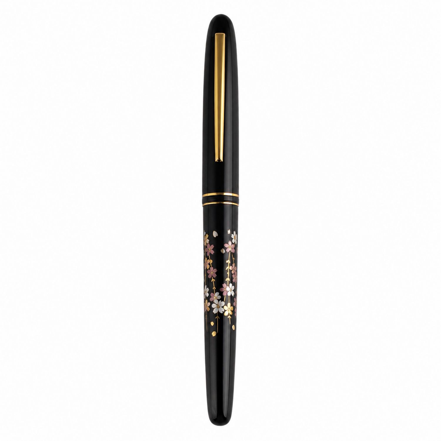 Schwarzer Füllfederhalter mit floralem Design und goldenen Akzenten-Velverohome