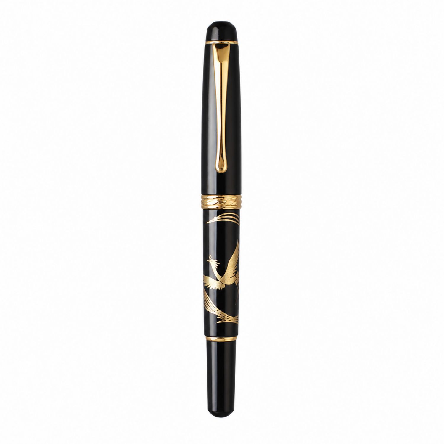 Luxuriöser Füllfederhalter Schwarz mit Golddetails und Kranichmotiv-Velverohome