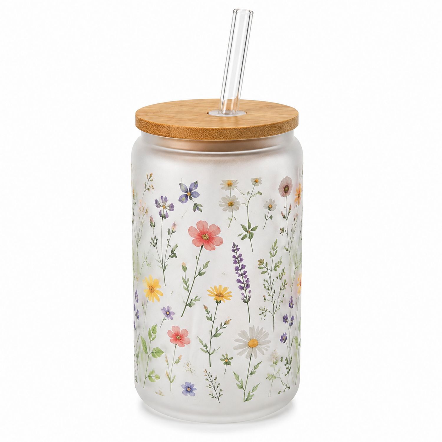 Verre à boisson floral avec paille en verre - Motifs multicolores