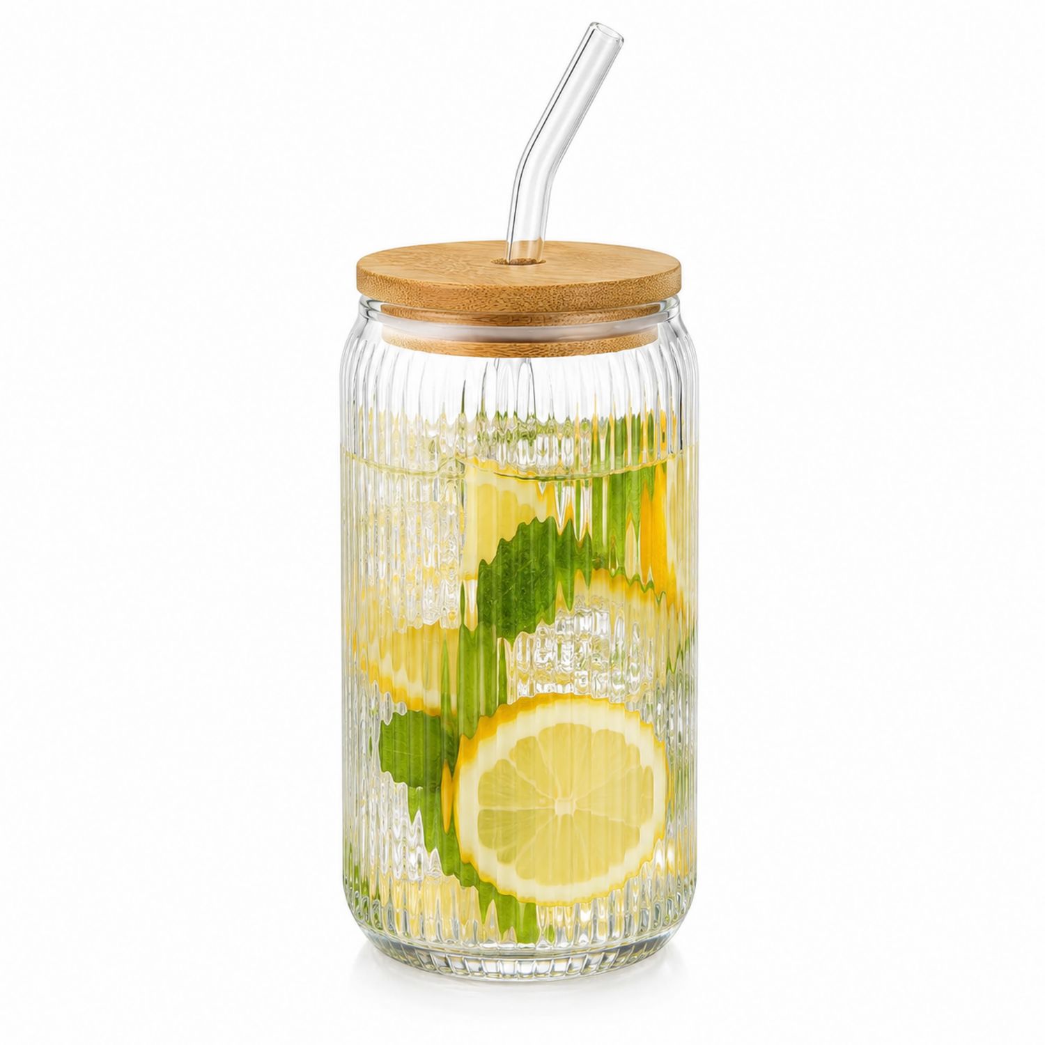 Verre Canette avec Couvercle en Bambou et Paille en Verre - 500ml