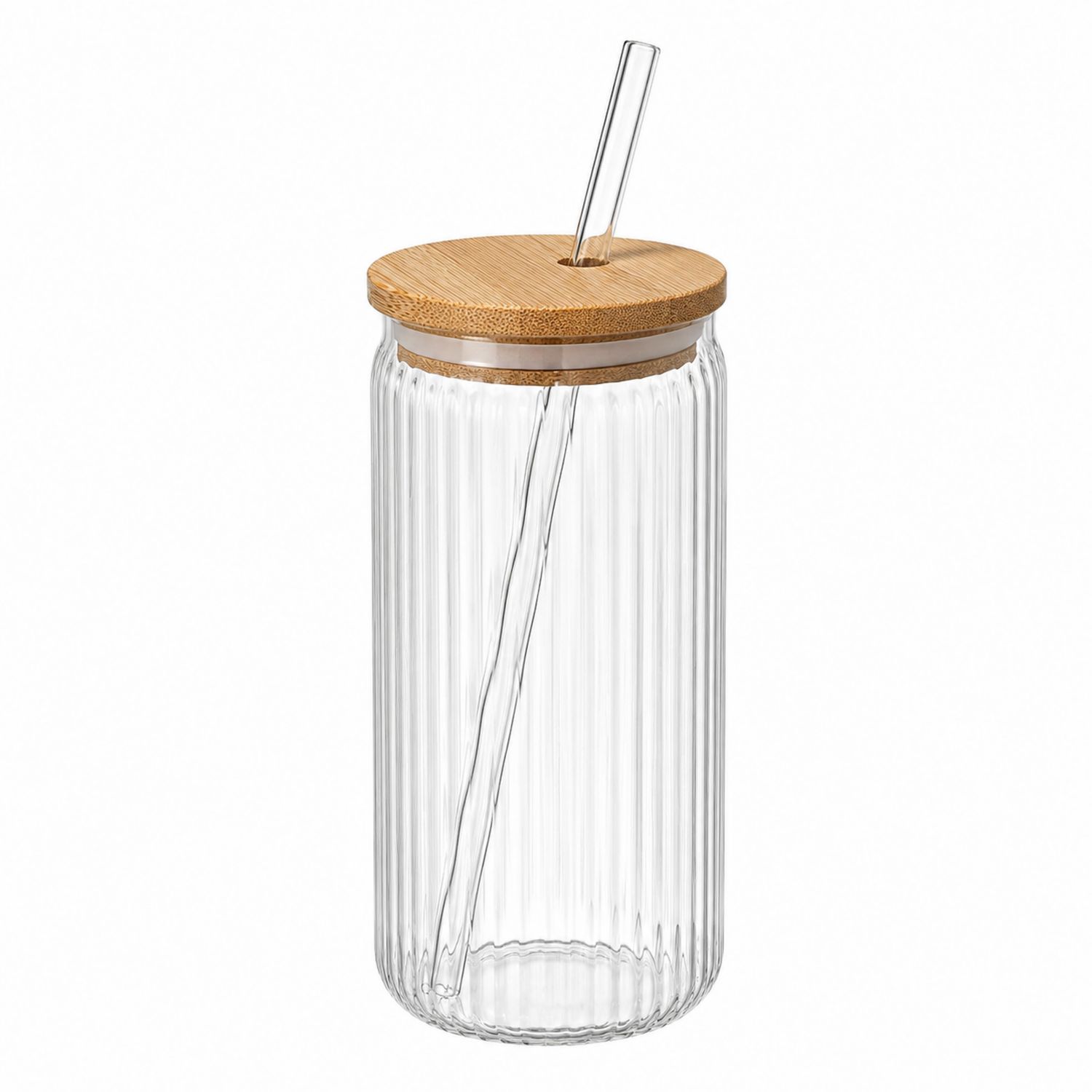 Bouteille en verre striée avec couvercle en bambou et paille