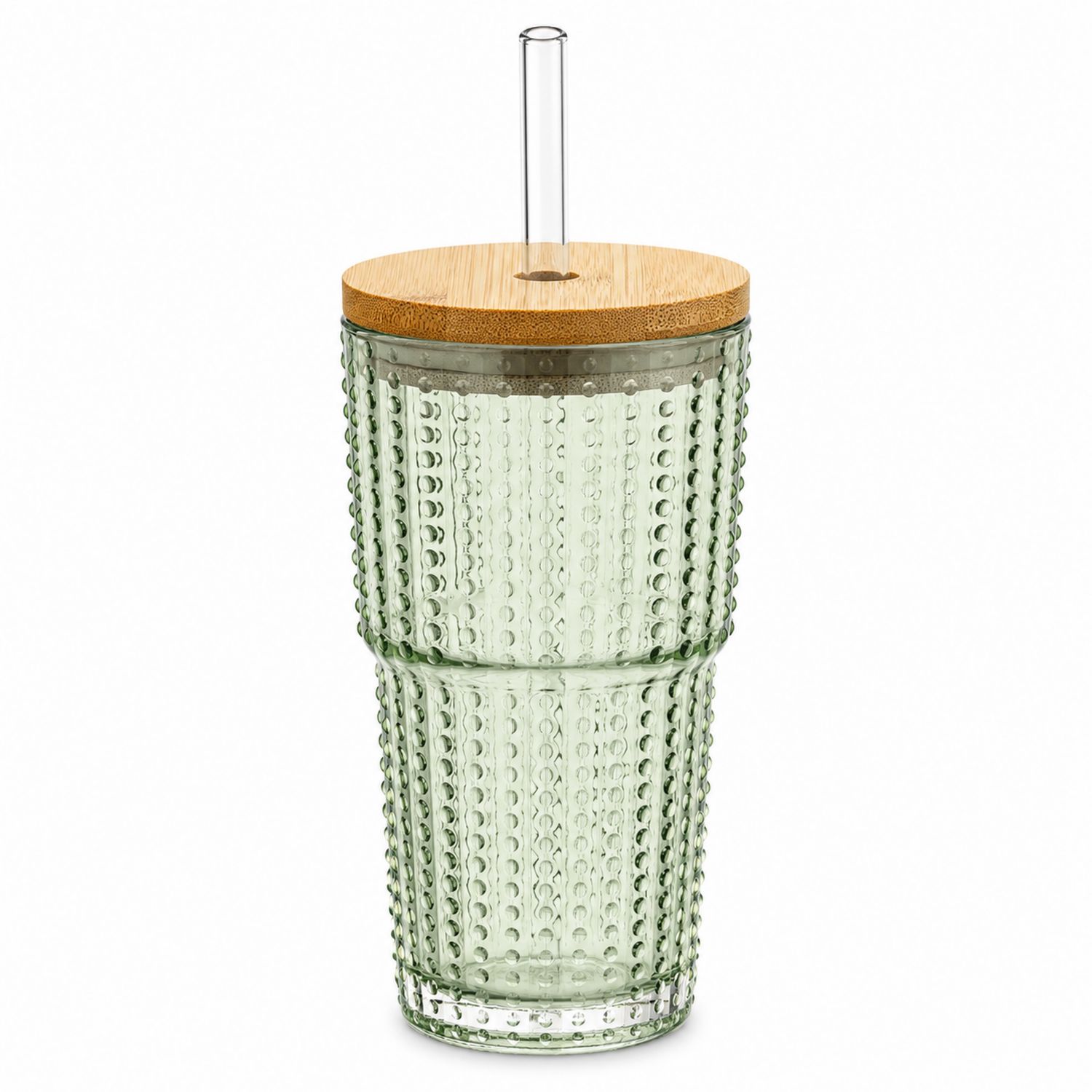 Tasse texturée en verre vert avec couvercle en bambou et paille réutilisable