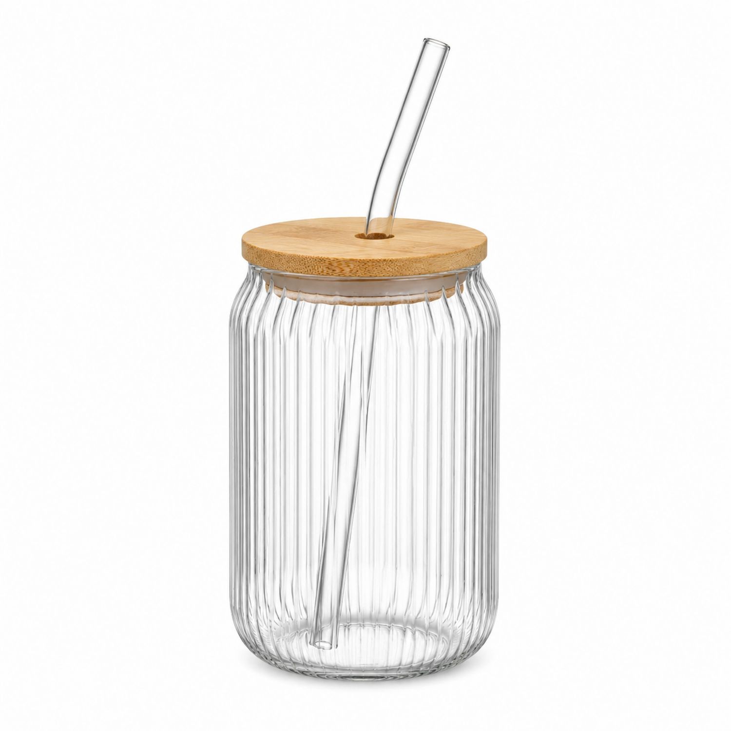 Bocal en verre rainuré avec couvercle en bambou et paille, 500 ml