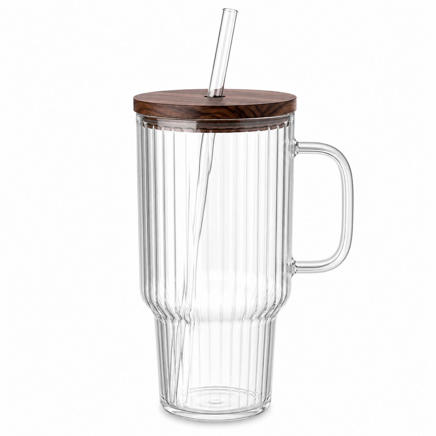 Tasse en verre transparent avec couvercle en bois et paille, 500 ml