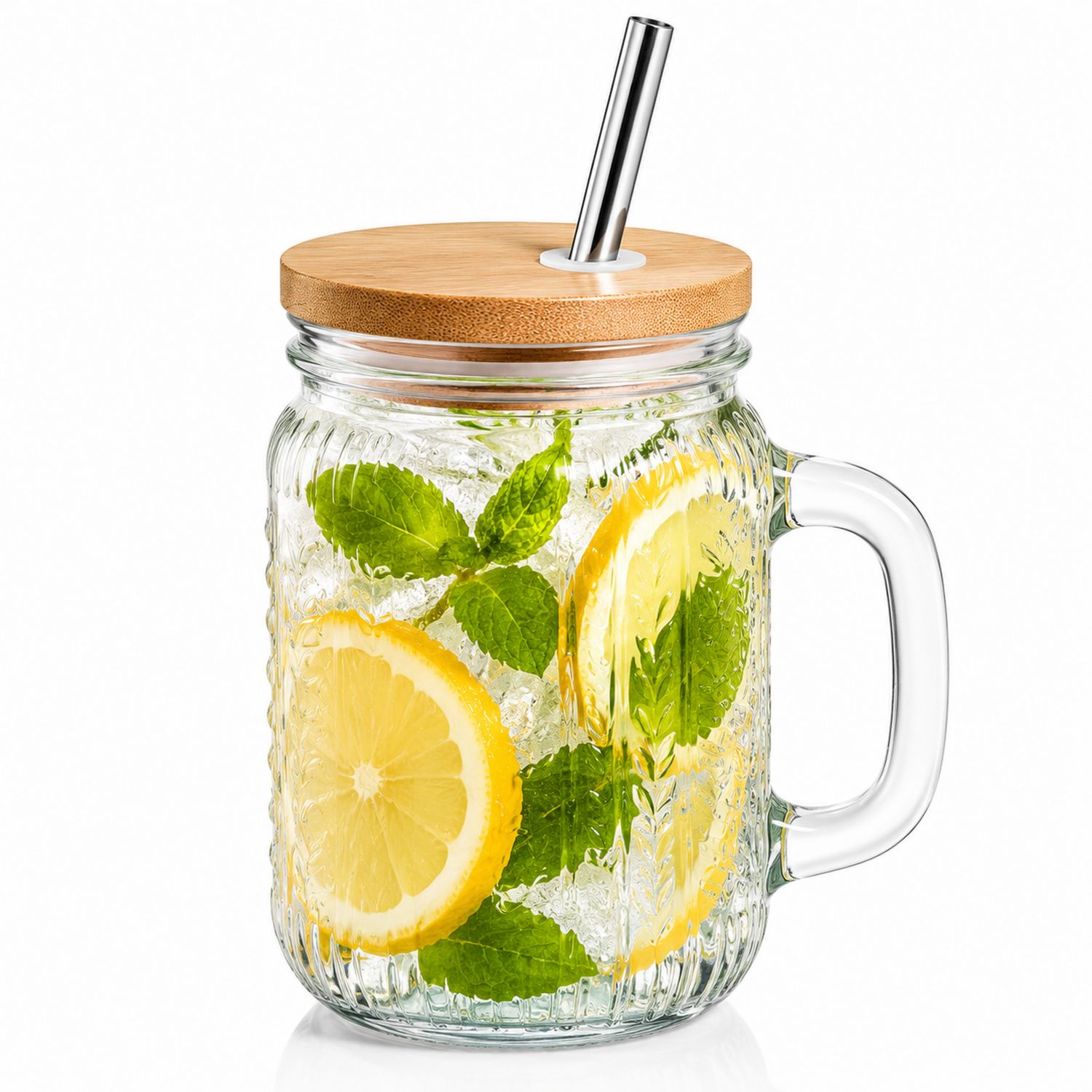 Pot en verre avec couvercle en bois et paille en acier inoxydable - 500ml