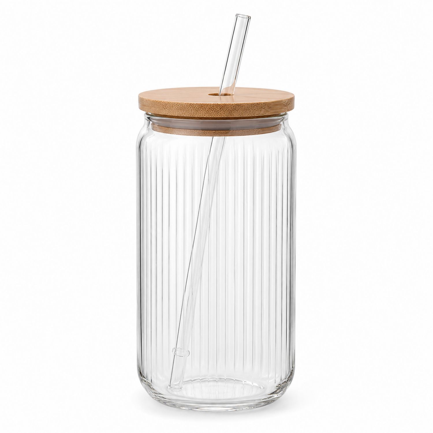 Gobelet en verre transparent avec couvercle en bambou et paille