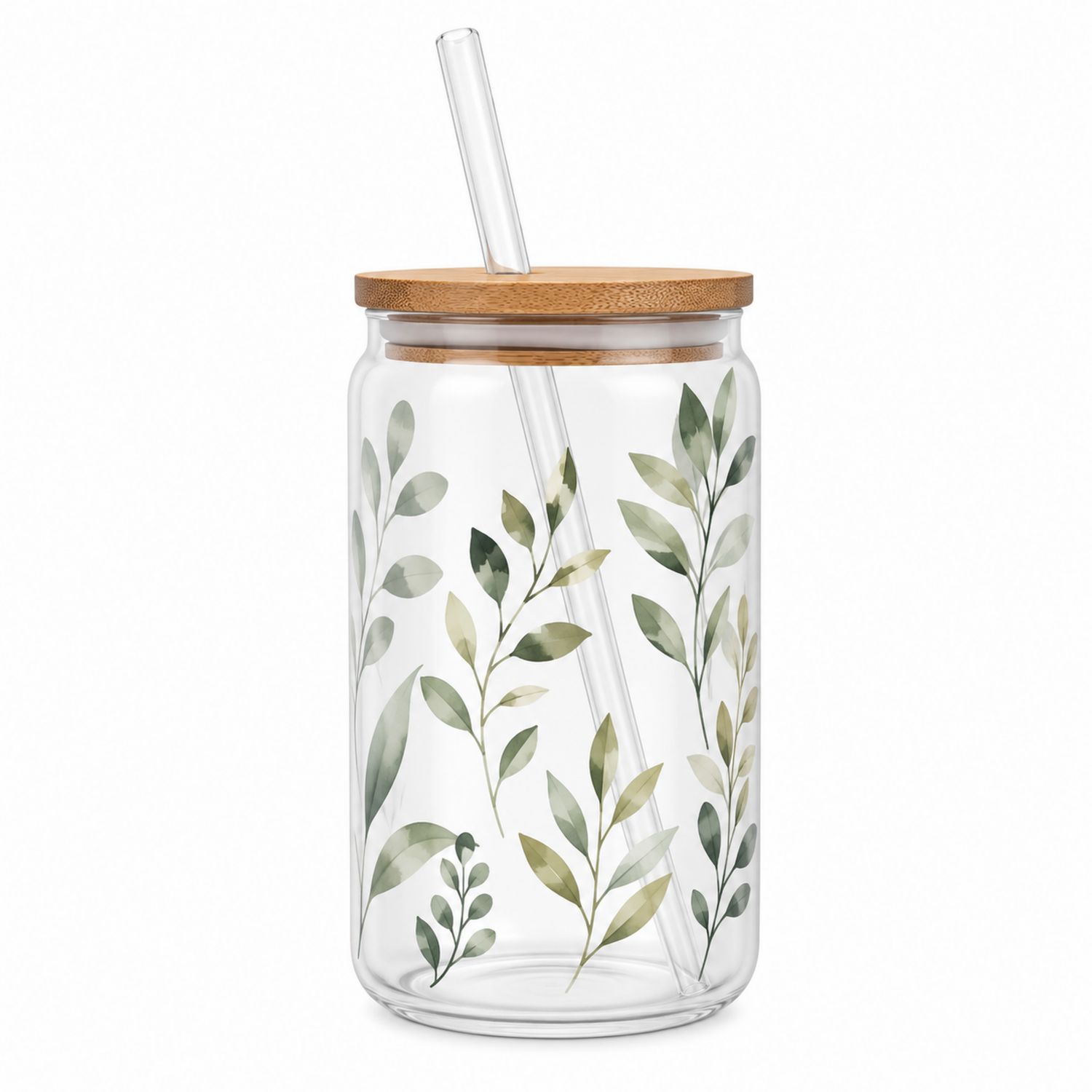 Verre décoratif avec paille et couvercle motif feuilles 450ml