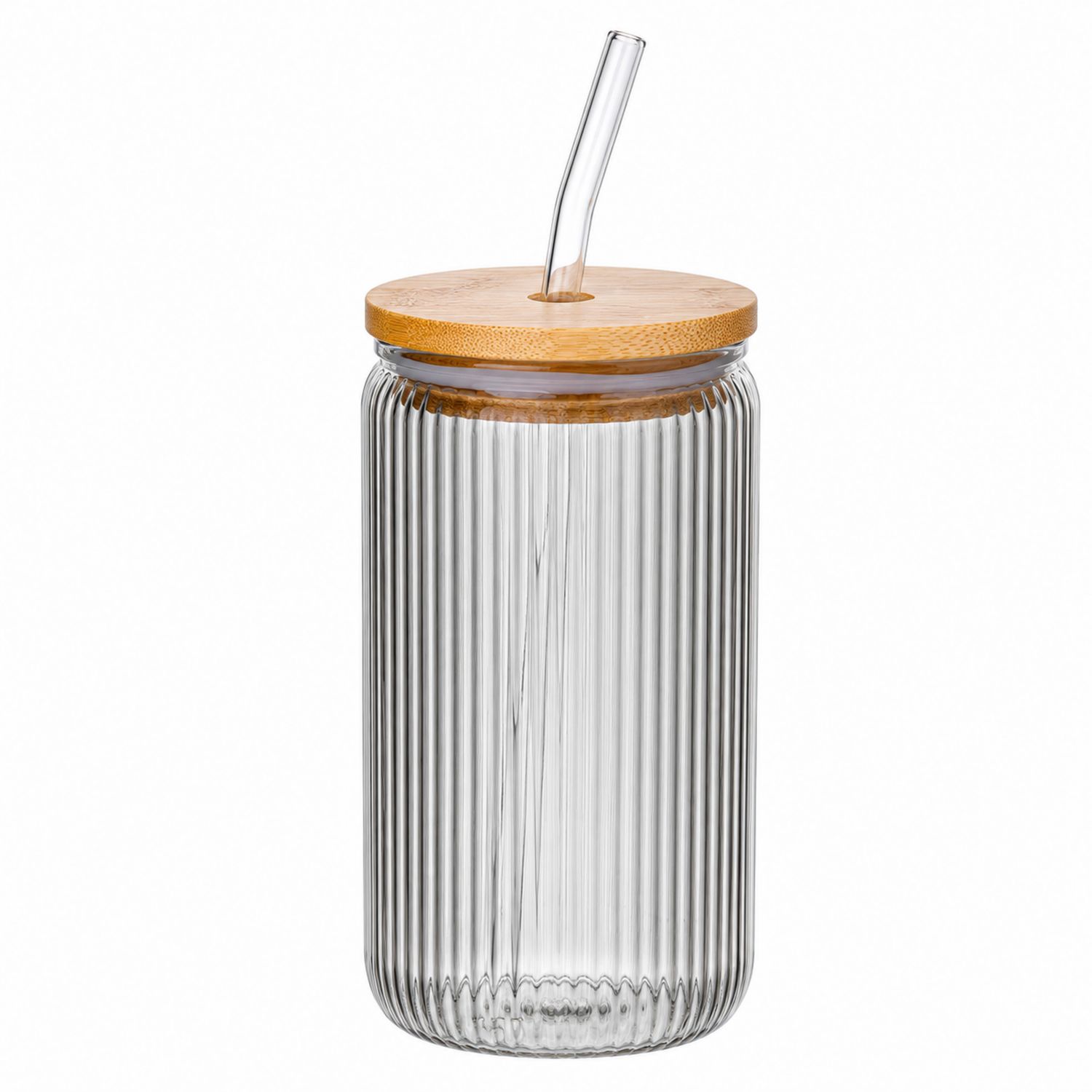 Bocal en Verre Transparent avec Couvercle en Bambou et Paille 500 ml