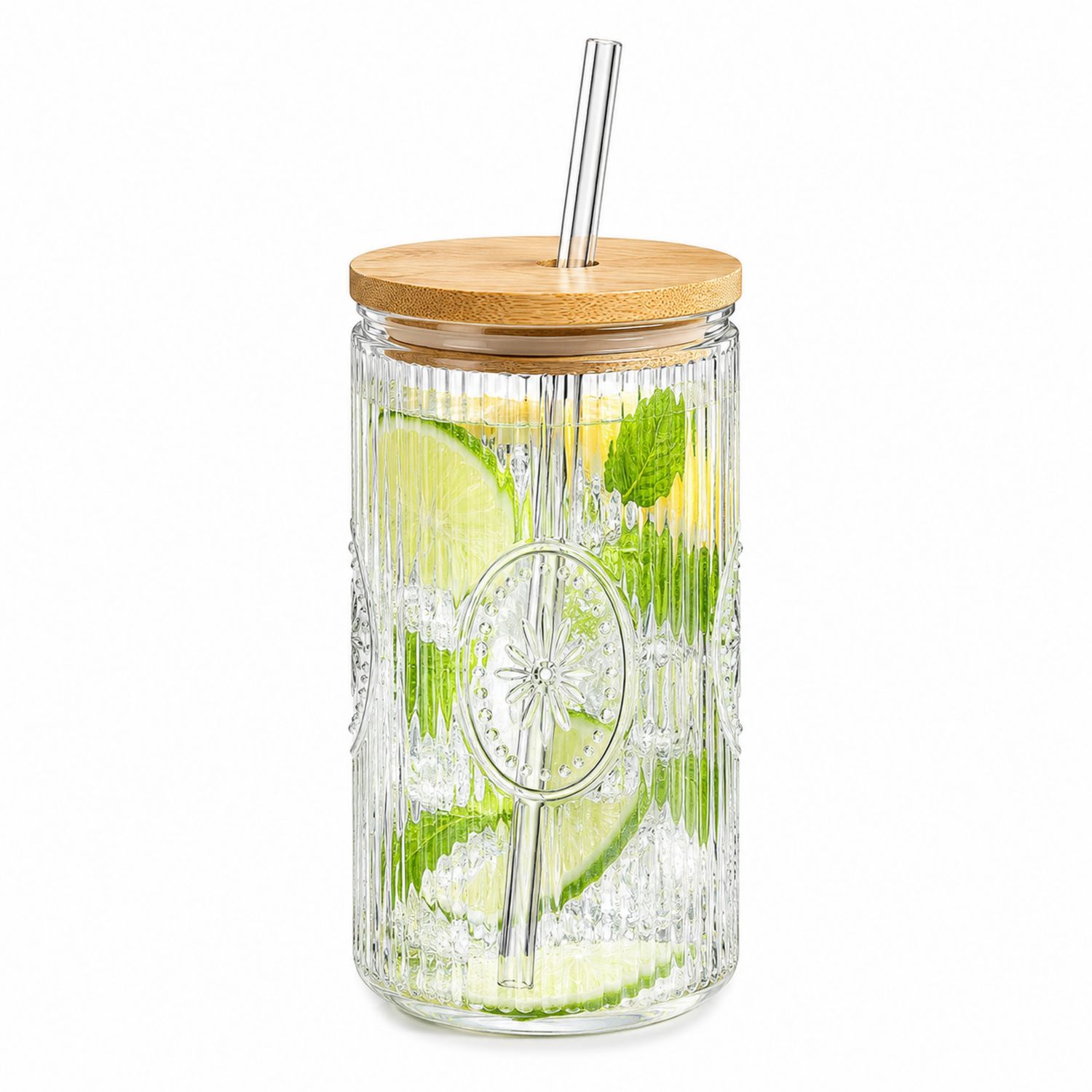 Verre à paille en verre transparent avec couvercle en bambou, 500ml