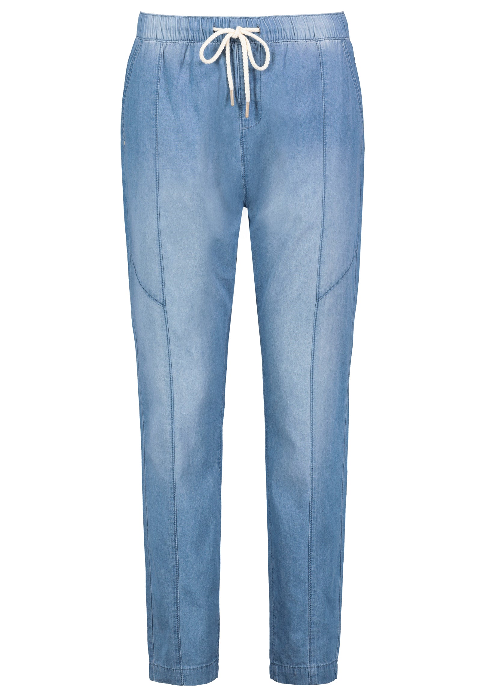 Denim, schräge Eingrifftaschen, Passe, Taschen hinten, Gummibund mit String, brush,stone wash