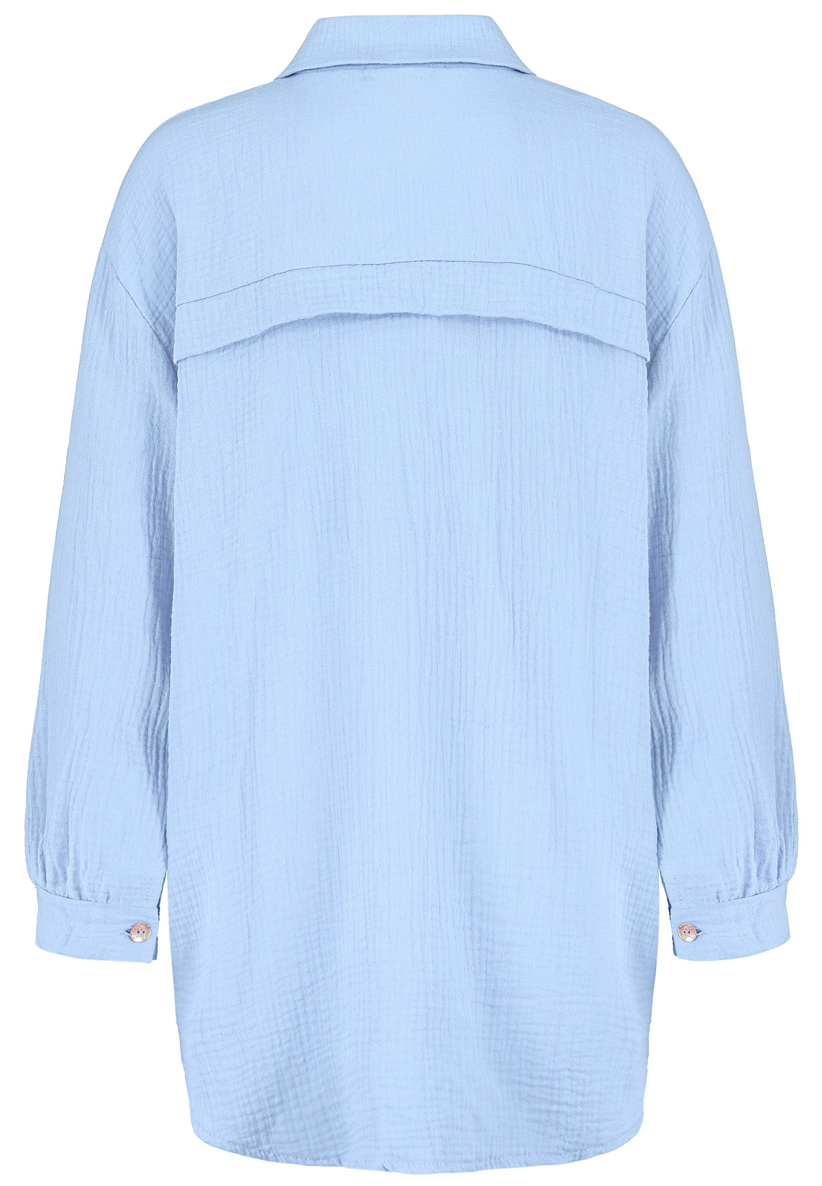 DOB LONG-Bluse, Oversize, überschnittene Schulter,Hemdkragen, Knopfleiste, Passe im Rückteil mit Überlappung, gerundeter Saum