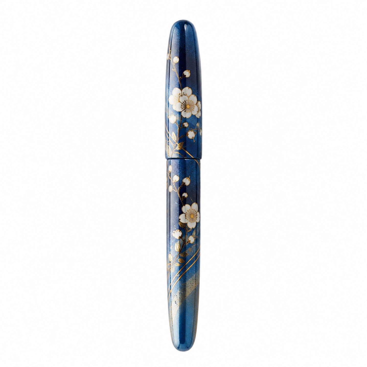 Stylo Plume Bleu avec Motif Floral Blanc et Doré
