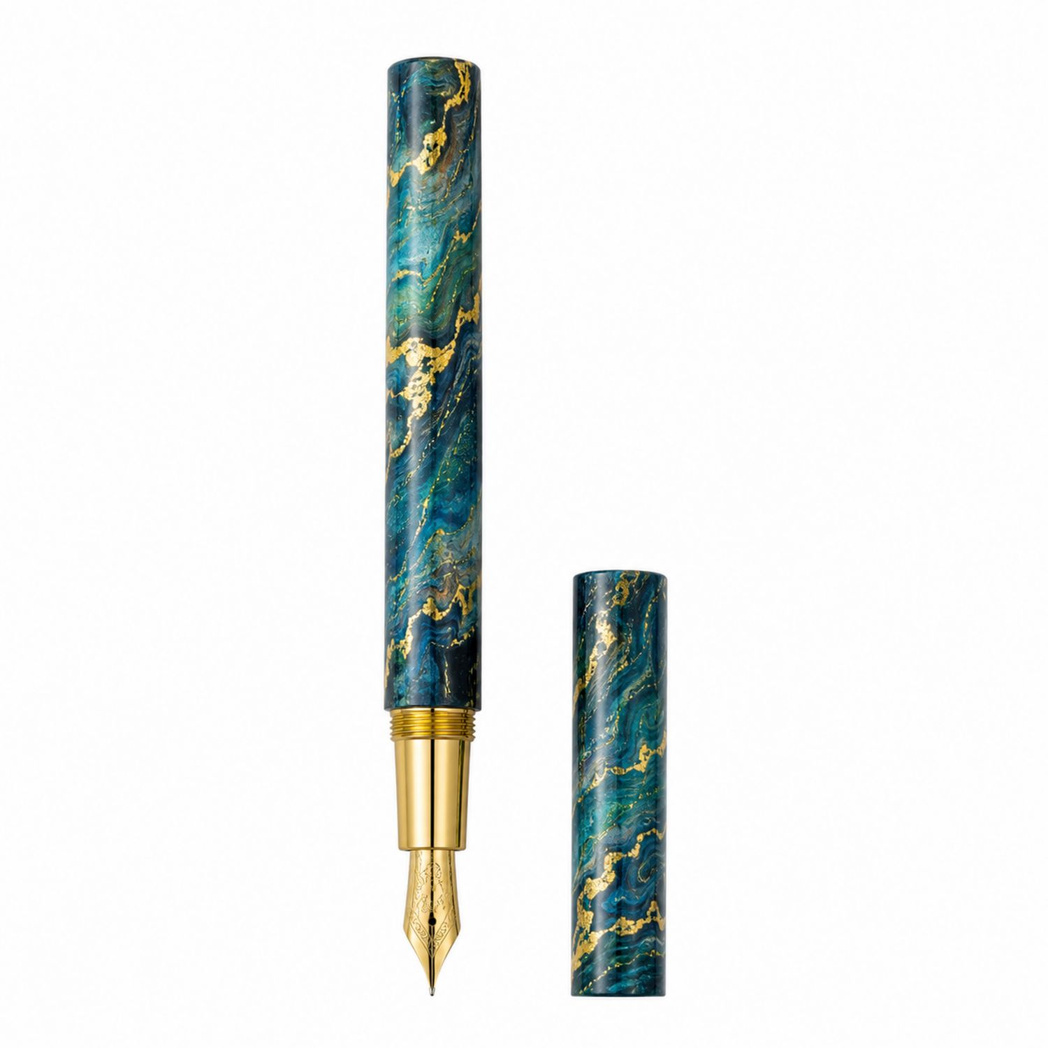 Stylo Plume Élegant Bleu Marbré avec Détails Dorés