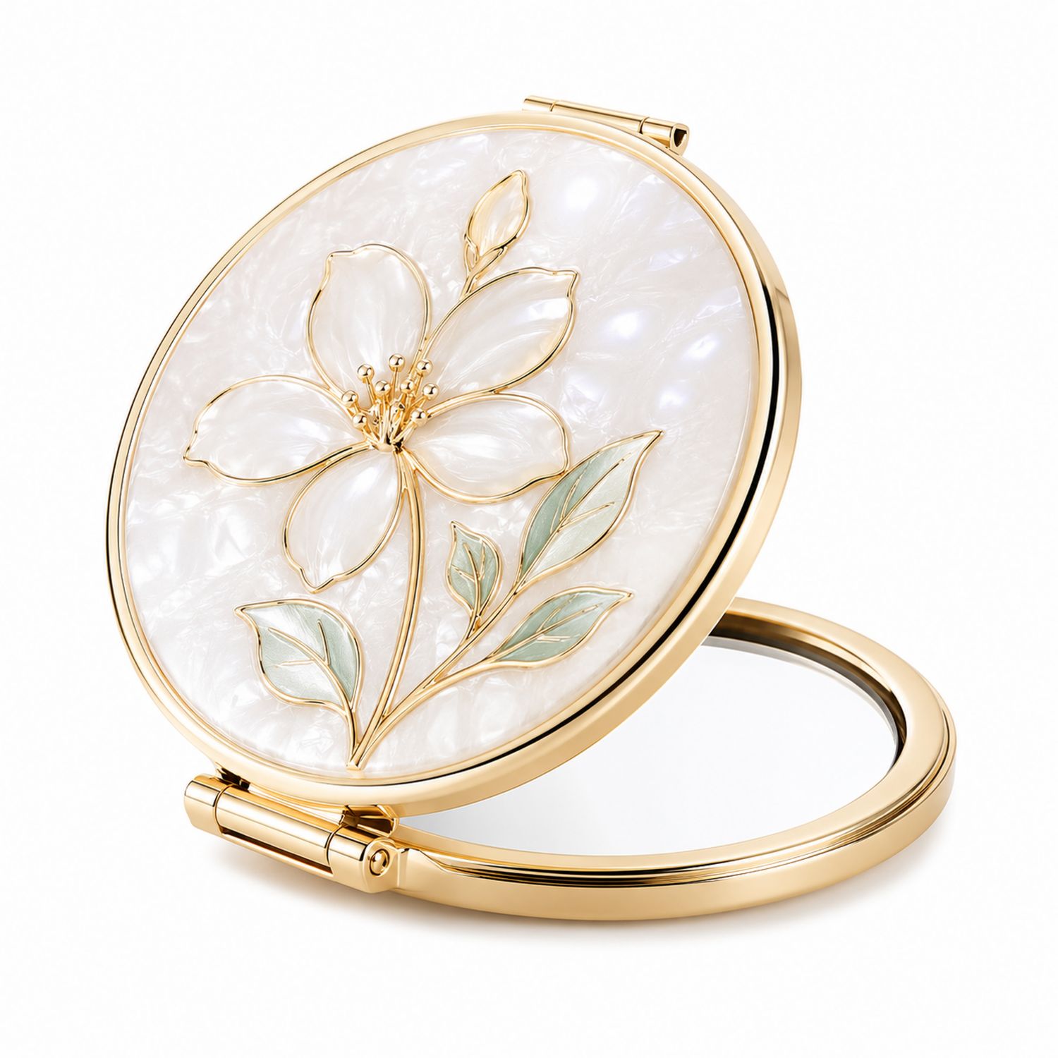 Espejo compacto floral dorado y nácar