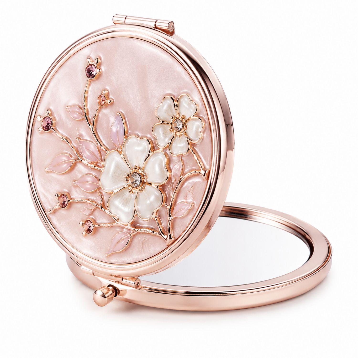 Espejo de Bolsillo Redondo con Diseño Floral y Cristales