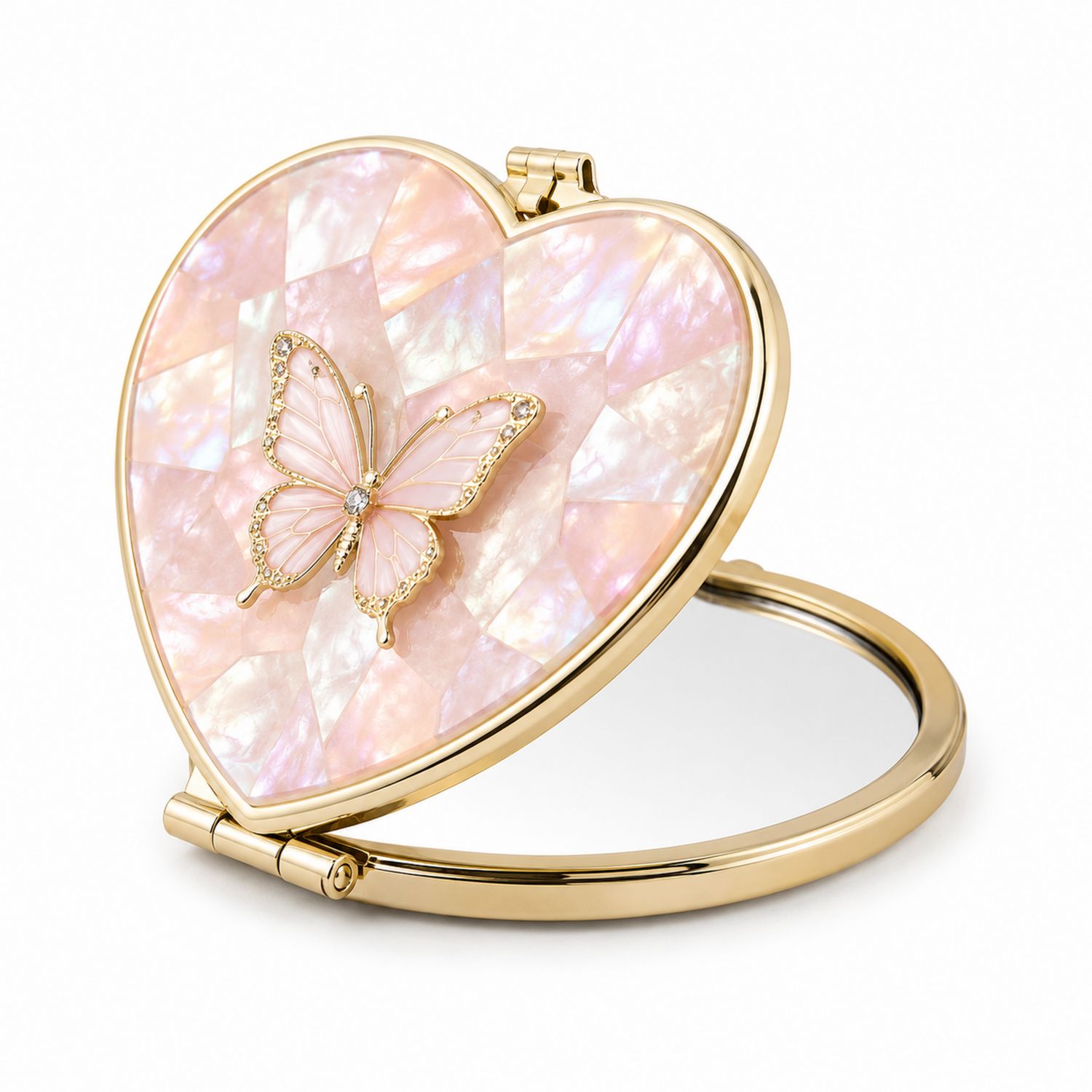 Espejo Compacto de Corazón con Mariposa en Nácar Rosa