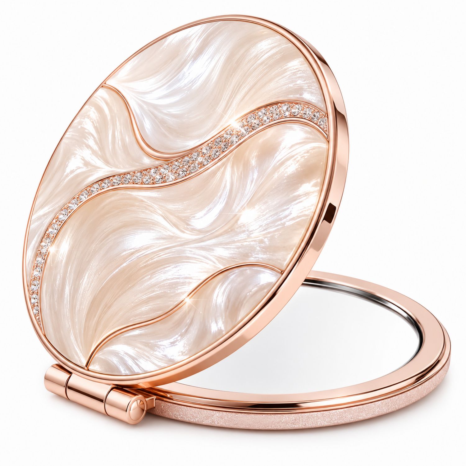Espejo compacto con diseño elegante en oro rosa y nácar