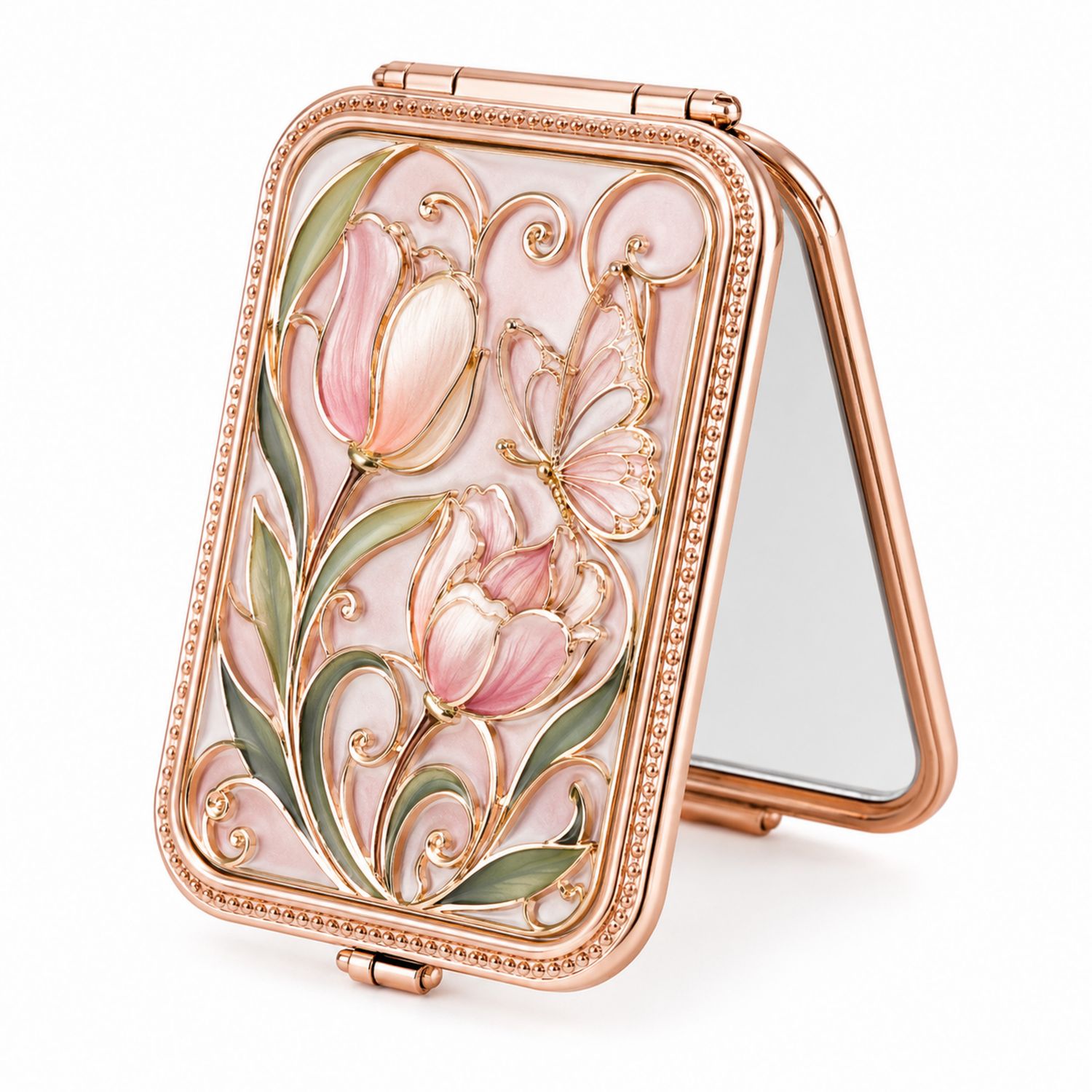 Espejo Compacto Rosa Dorado con Diseño Floral