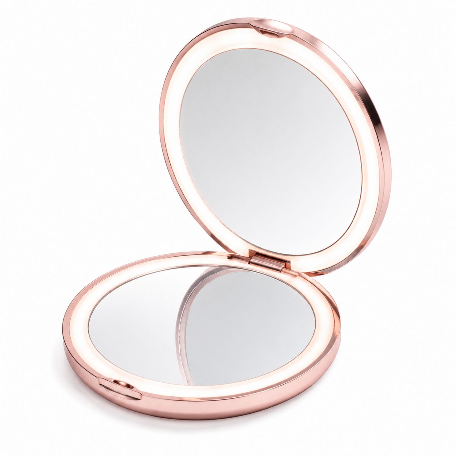 Espejo compacto con luz LED portátil, rosa metálico
