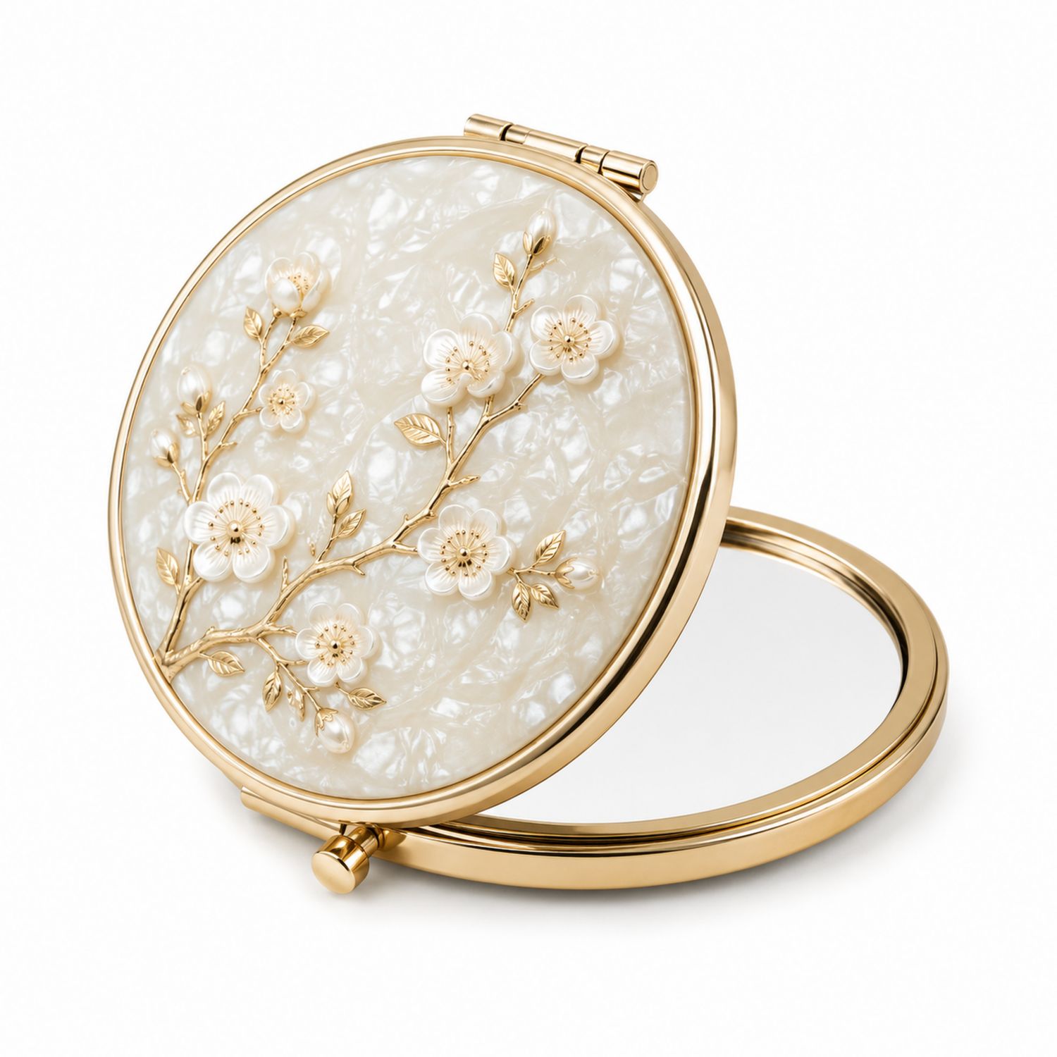 Espejo Compacto Redondo con Diseño Floral en Nacarado y Dorado