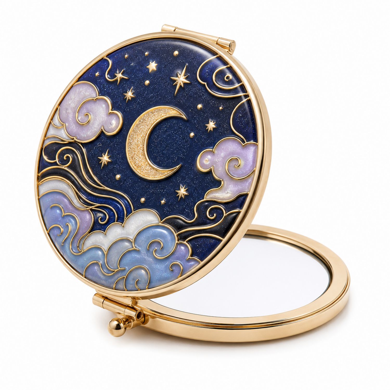 Espejo Compacto de Mano con Diseño de Luna y Estrellas Azul Dorado