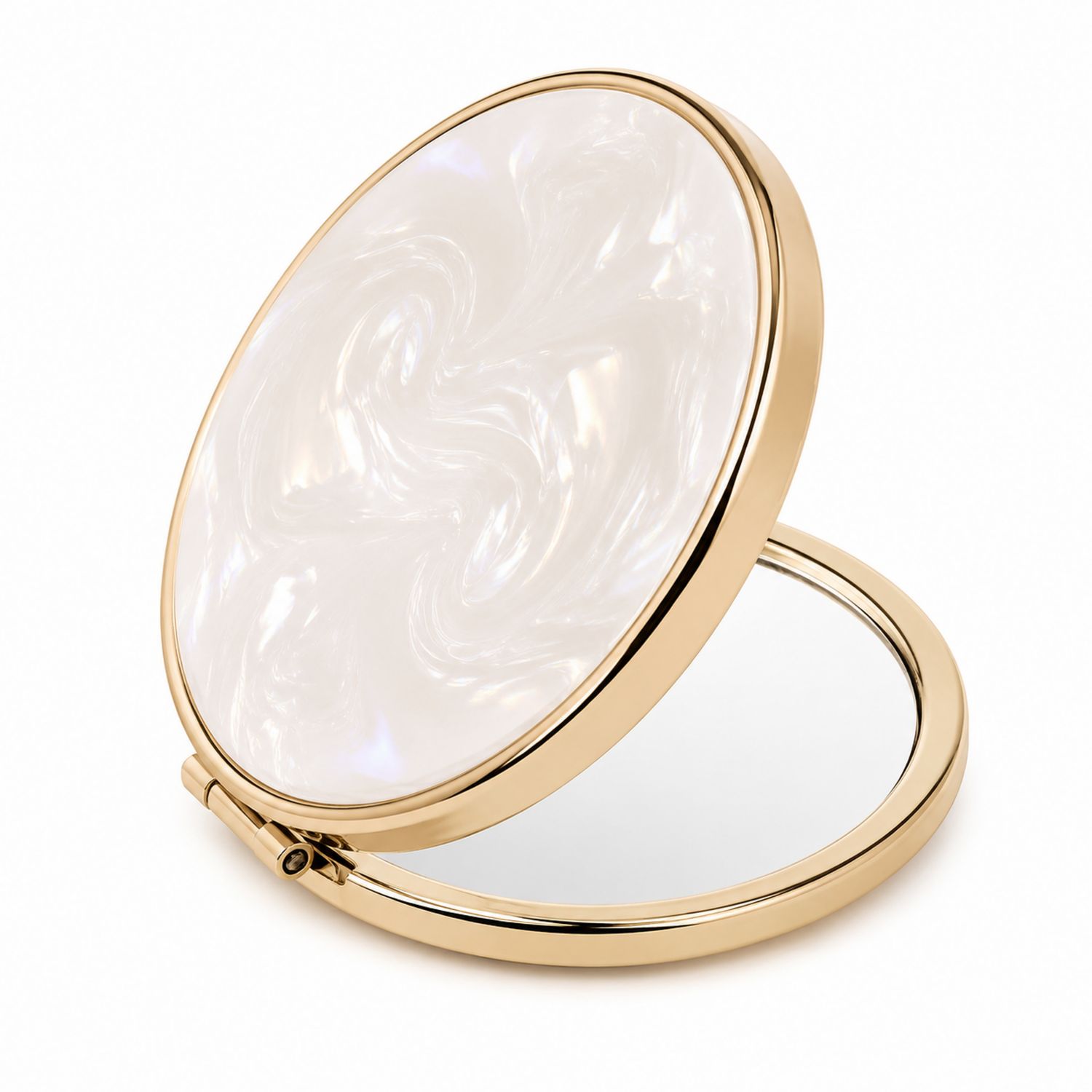 Espejo compacto redondo con diseño blanco perlado y borde dorado