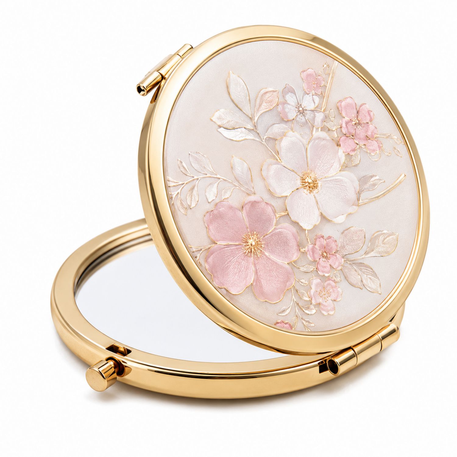 Espejo Compacto Redondo Dorado con Motivo Floral en Rosa