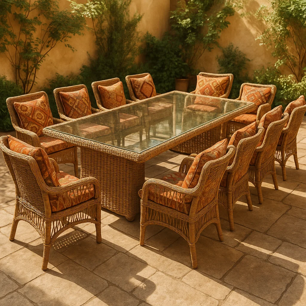 Rattan-Gartenset mit gehärtetem Glas: Rechteckiger Tisch und Stühle-NESTELUNOA