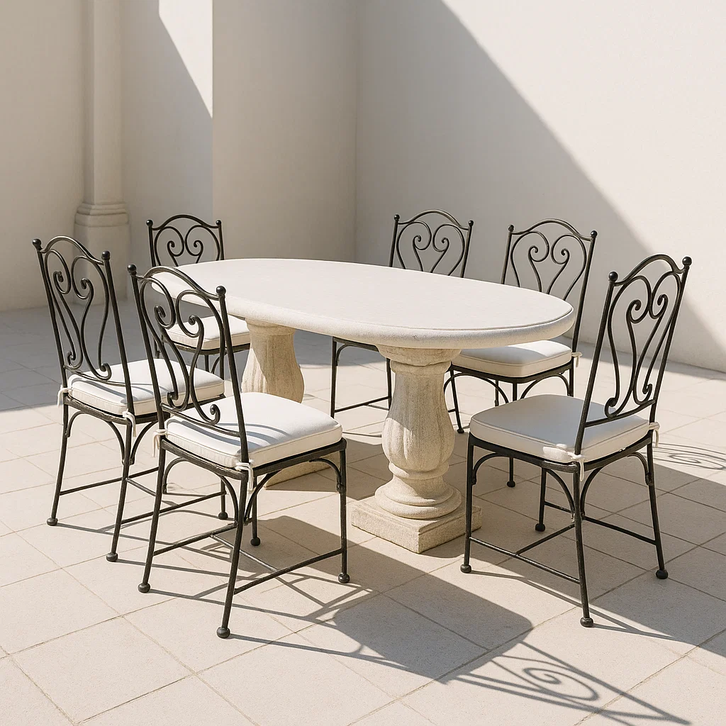 Essgruppe Kalkstein Tisch Oval Schmiedeeisen Stühle Beige Polster-NESTELUNOA