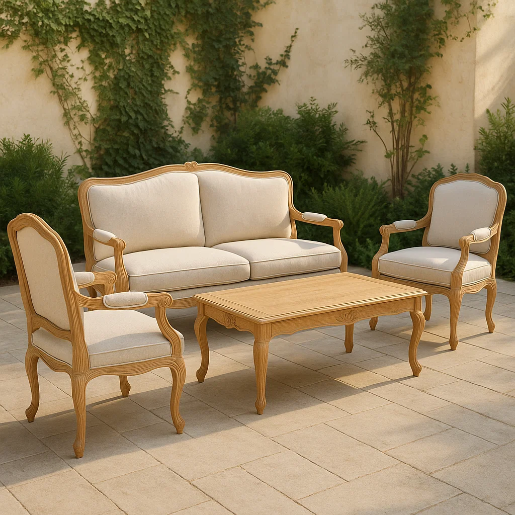 Outdoor Holz Sitzgruppe mit 3-Sitzer Sofa, Sesseln und Tisch, Beige Polsterung-NESTELUNOA