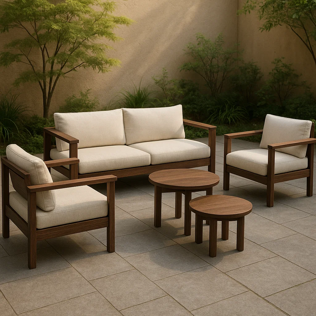 Outdoor-Gartenset aus Teakholz und Polyester, Naturholz/Weiß-NESTELUNOA