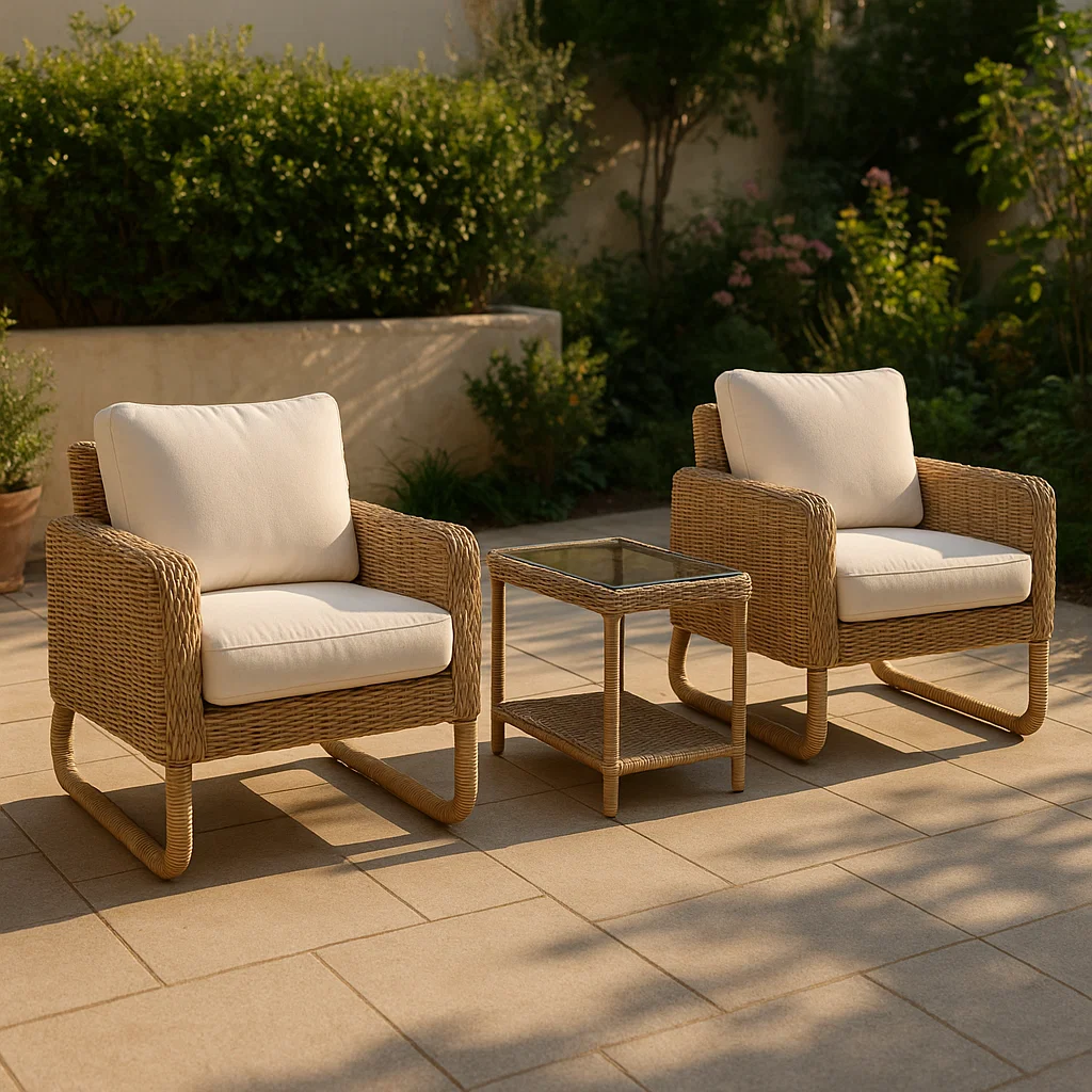 Rattan Gartenmöbel-Set mit Glastischplatte, Beige-NESTELUNOA