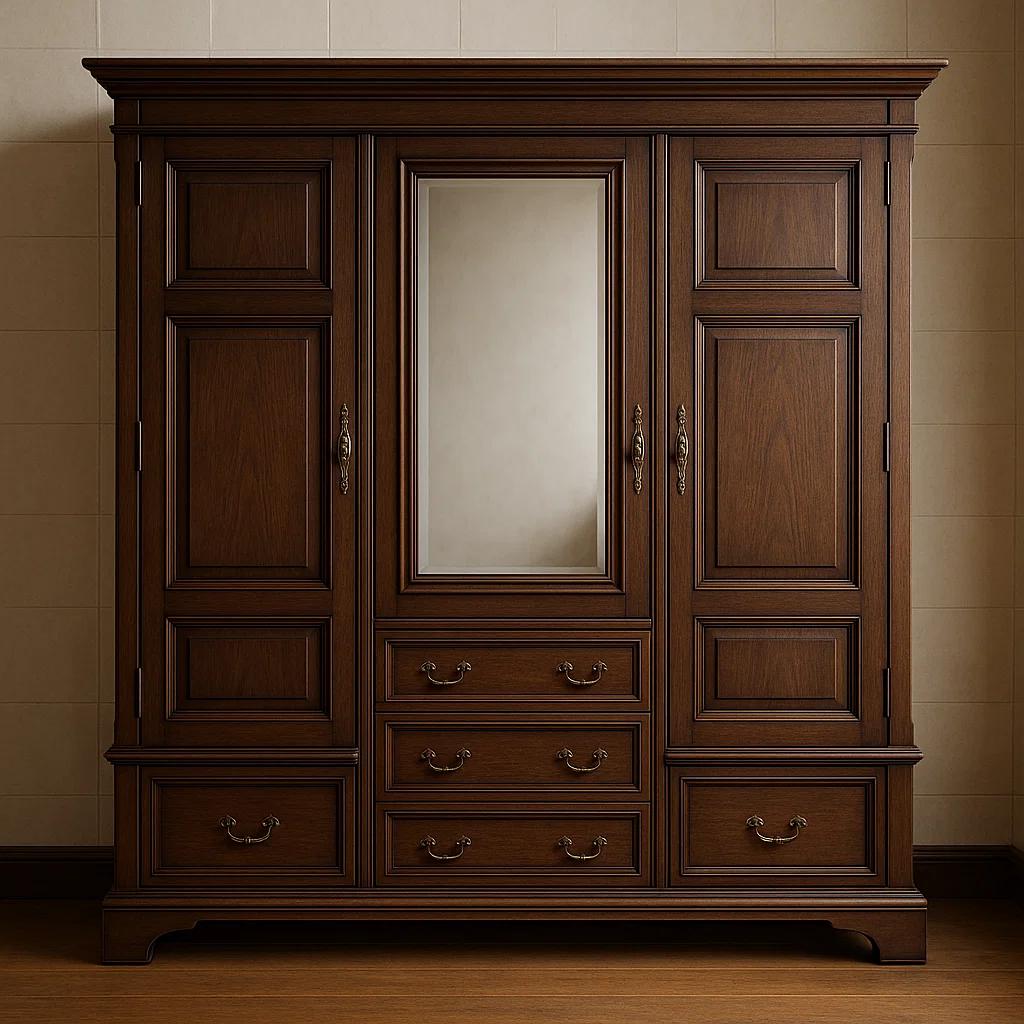 Kleiderschrank mit Spiegel und drei Türen aus Holz, Braun, 150 x 200 x 60 cm-NESTELUNOA