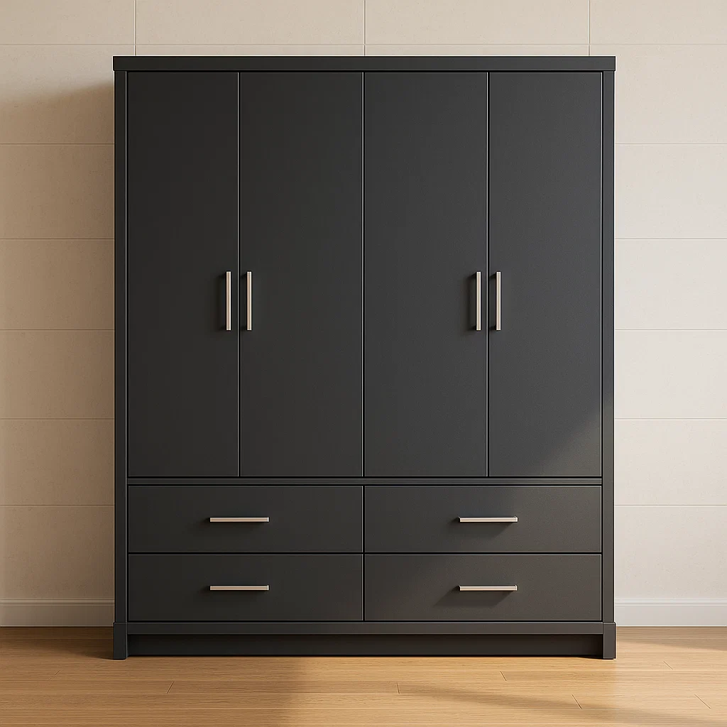 Kleiderschrank mit 4 Türen und 4 Schubladen Schwarz MDF Holz-NESTELUNOA