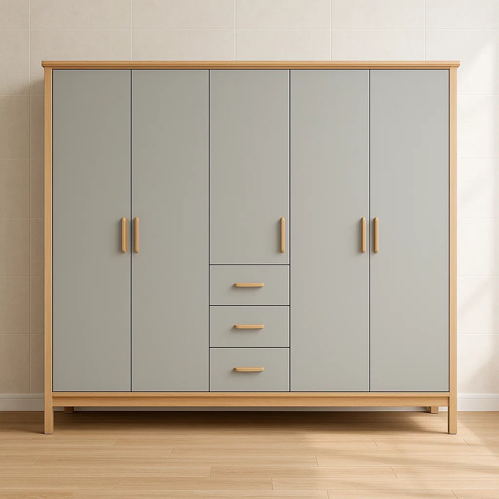 Kleiderschrank MDF Grau mit 4 Türen und 3 Schubladen-NESTELUNOA