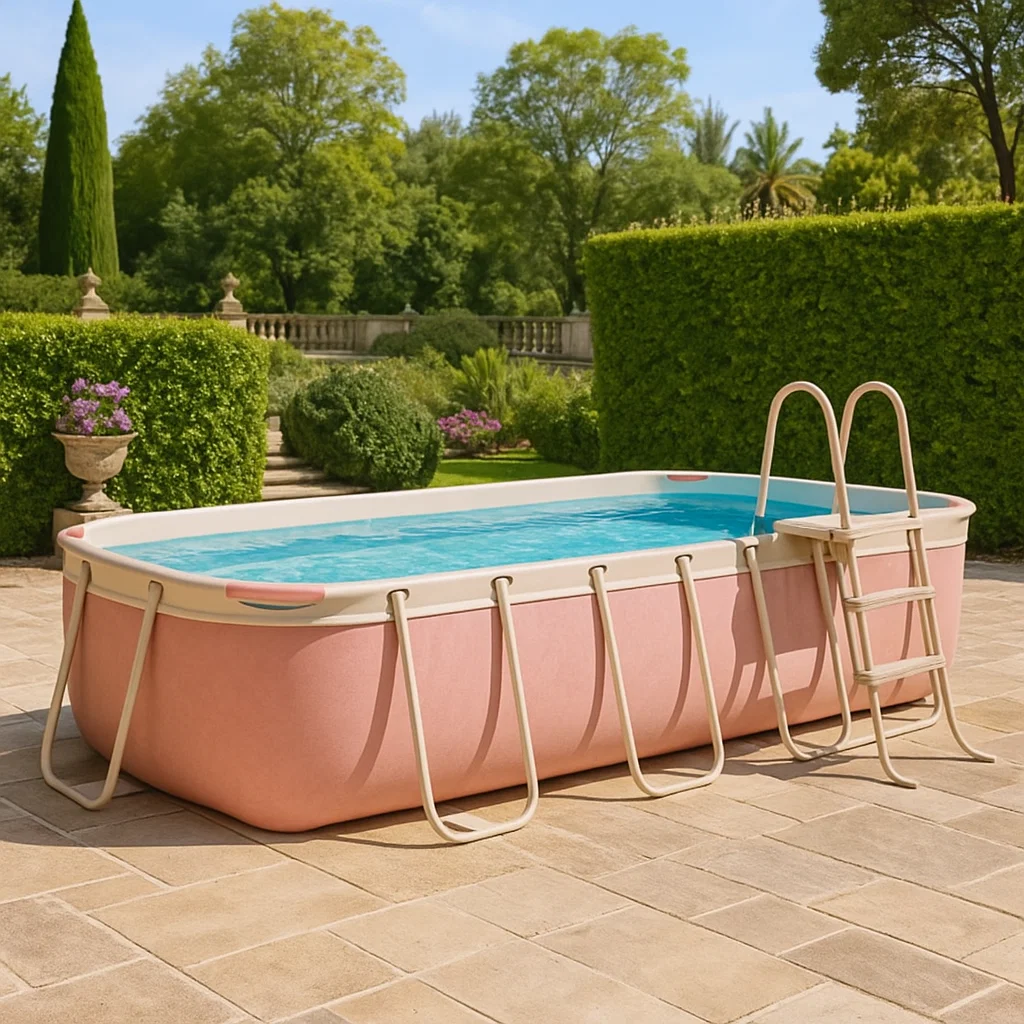 Rechteckiger Aufstellpool aus PVC mit Stahlrahmen in Rosa-NESTELUNOA