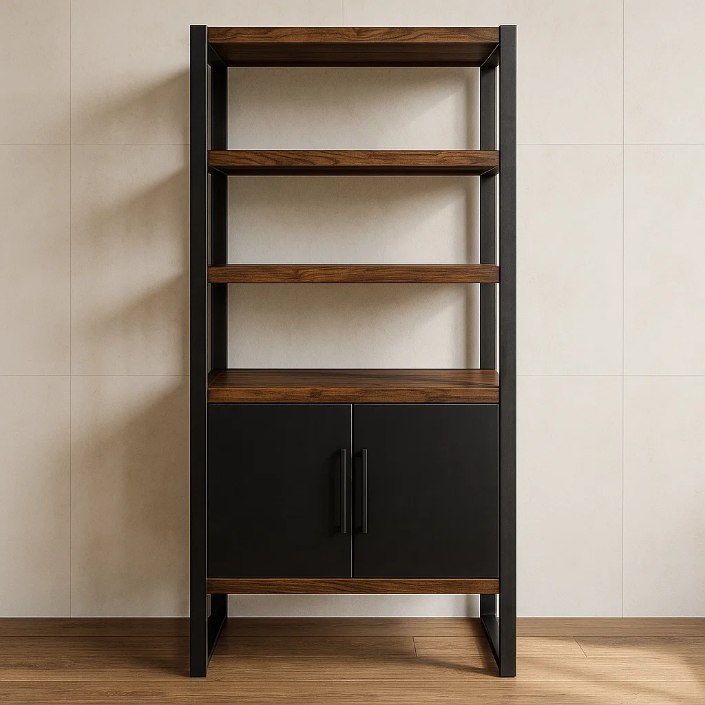 Regal aus MDF mit Walnussfurnier und schwarzem Metallrahmen-NESTELUNOA