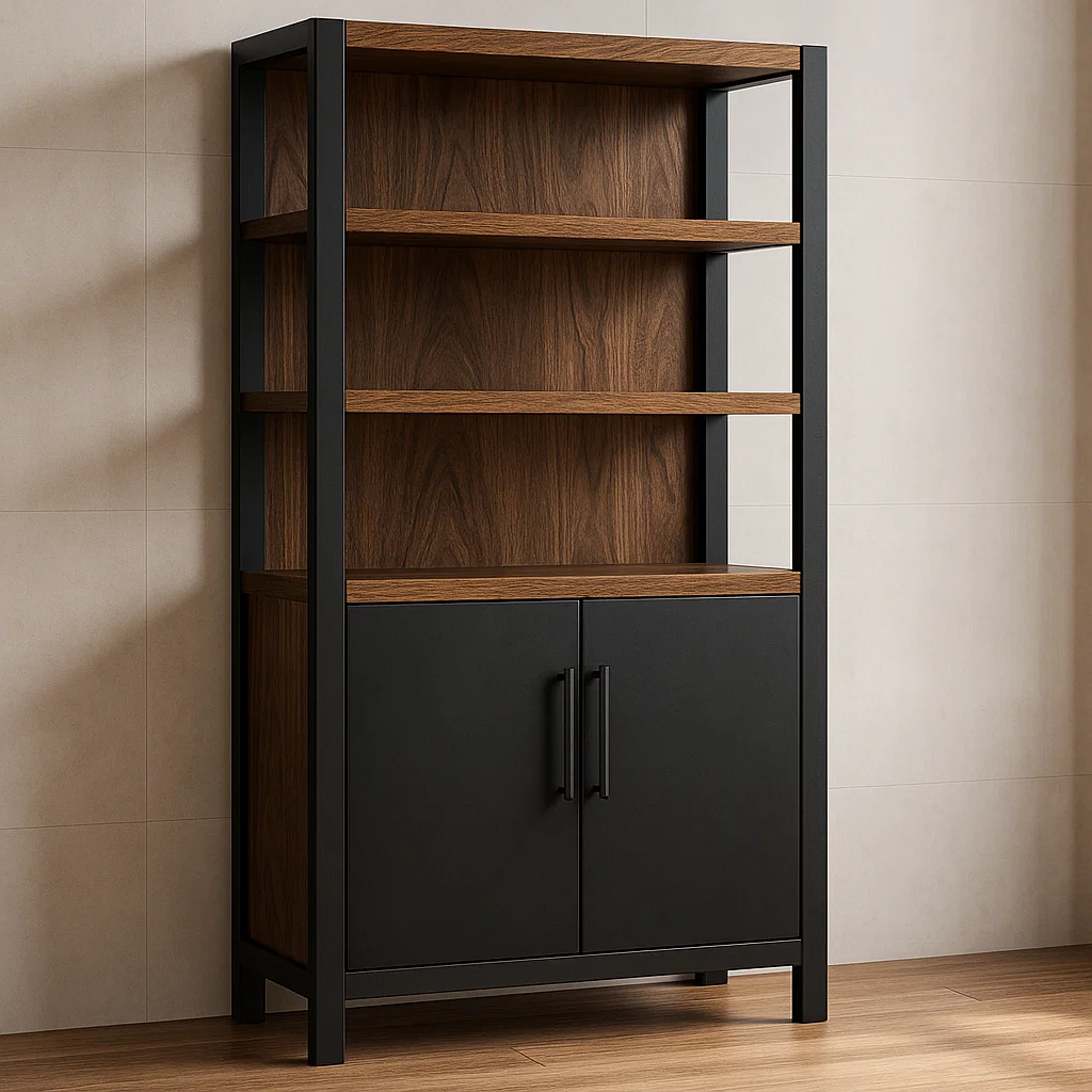 Schwarz-Braunes Regal aus Metall und MDF mit Holzoptik, 180cm x 90cm x 40cm-NESTELUNOA