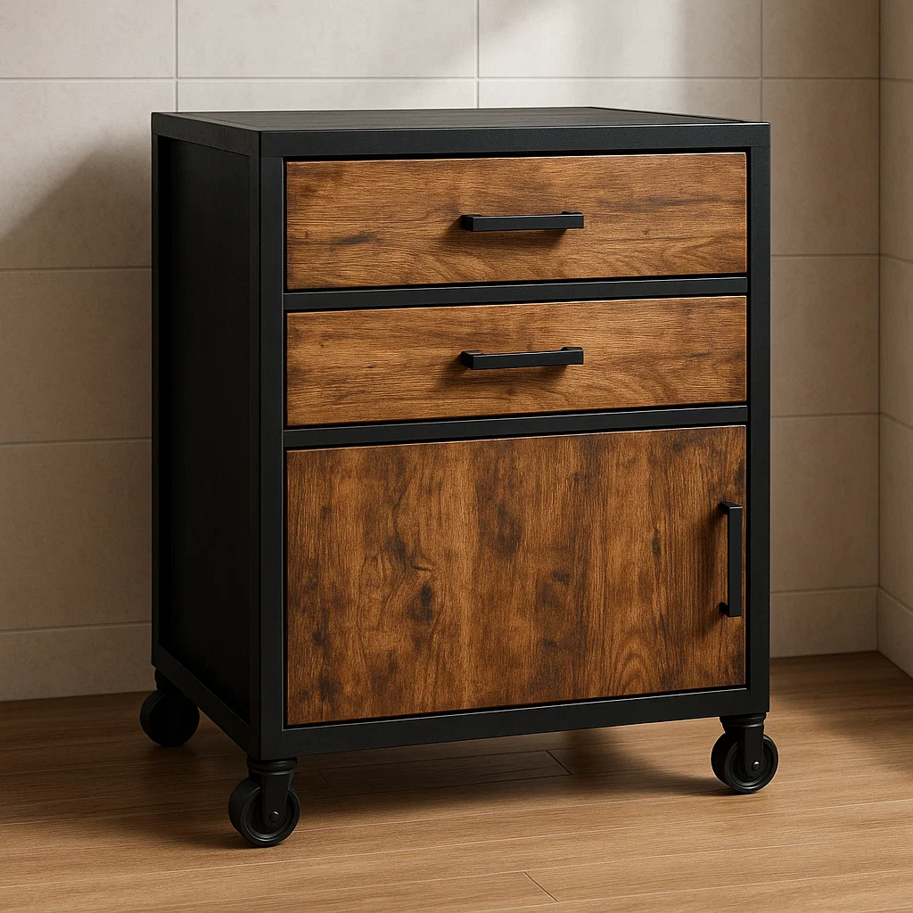 Rollcontainer aus Holzfurnier mit Stahlrahmen Schwarz/Braun 40x45x60cm-NESTELUNOA